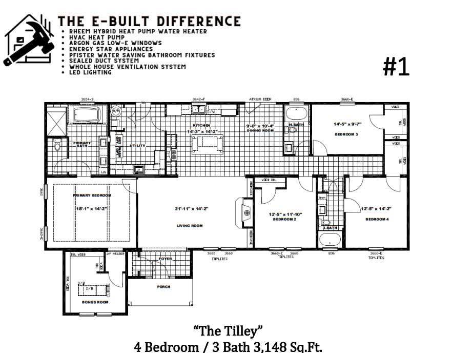 Floor plan labeled "The Tilley," featuring 4 bedrooms, 3 baths, living, dining, and utility rooms. Includes energy-efficient features and a porch.