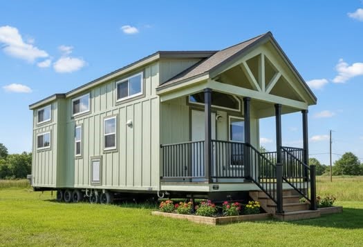 High-end housing showcase featuring a diverse collection of modern manufactured homes, tiny homes, and park models, including the expansive "The Boujee XL" aesthetic. Exterior Architectural Styles: Highlights include classic white board-and-batten tiny homes and park models with grand pillared front porches, black metal railings, and sleek metal roofing. A premium model features a striking dark charcoal exterior with a copper-tone metal roof, natural cedar wood accents, and a large wrap-around elevated wooden deck. Also featured are traditional manufactured homes with tan vinyl siding, decorative red shutters, and spacious covered front porches. Interior Living & Custom Design: Open-concept interiors are defined by high-fidelity finishes, including vaulted ceilings with rustic dark wood beams and white shiplap walls. Living areas showcase a "modern boujee" style with neutral-toned sofas, integrated electric fireplaces with white mantels, and lofted sleeping quarters with black metal balustrades. Traditional models offer cozy living spaces with patterned armchairs and decorative window treatments. Gourmet Kitchens & Dining: The collection features diverse kitchen layouts, including rustic wood-cabin styles with dark marble-look countertops and high-end modern designs. Premium features include oversized kitchen islands in statement colors like teal and charcoal, white farmhouse cabinetry, recessed lighting, and elegant pendant chandeliers over dining areas with dark wood-look flooring. Professional-grade stainless steel appliances are integrated throughout. Spa-Inspired Bathrooms & Bedrooms: Bathrooms emphasize modern luxury with walk-in tile showers featuring black matte hardware, marble-look surrounds, and contemporary vanities with ample storage. Bedrooms offer clean, minimalist designs with neutral carpeting and large windows. This gallery represents the pinnacle of "boujee" manufactured living, combining versatile floor plans with sophisticated, modern farmhouse aesthetics.