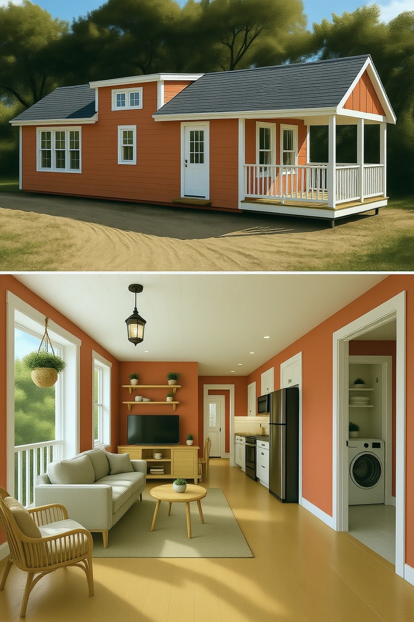 Tiny house with orange siding and white trim, surrounded by trees. Inside, bright and cozy with a modern kitchen, living room, and washer in view.