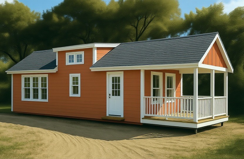Compact orange tiny house with a covered porch, set against a backdrop of trees. Bright, inviting atmosphere with white trim and clear windows.