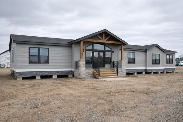 A modern gray modular home under a cloudy sky, with a central entrance featuring stone steps and wooden beams, surrounded by bare earth.