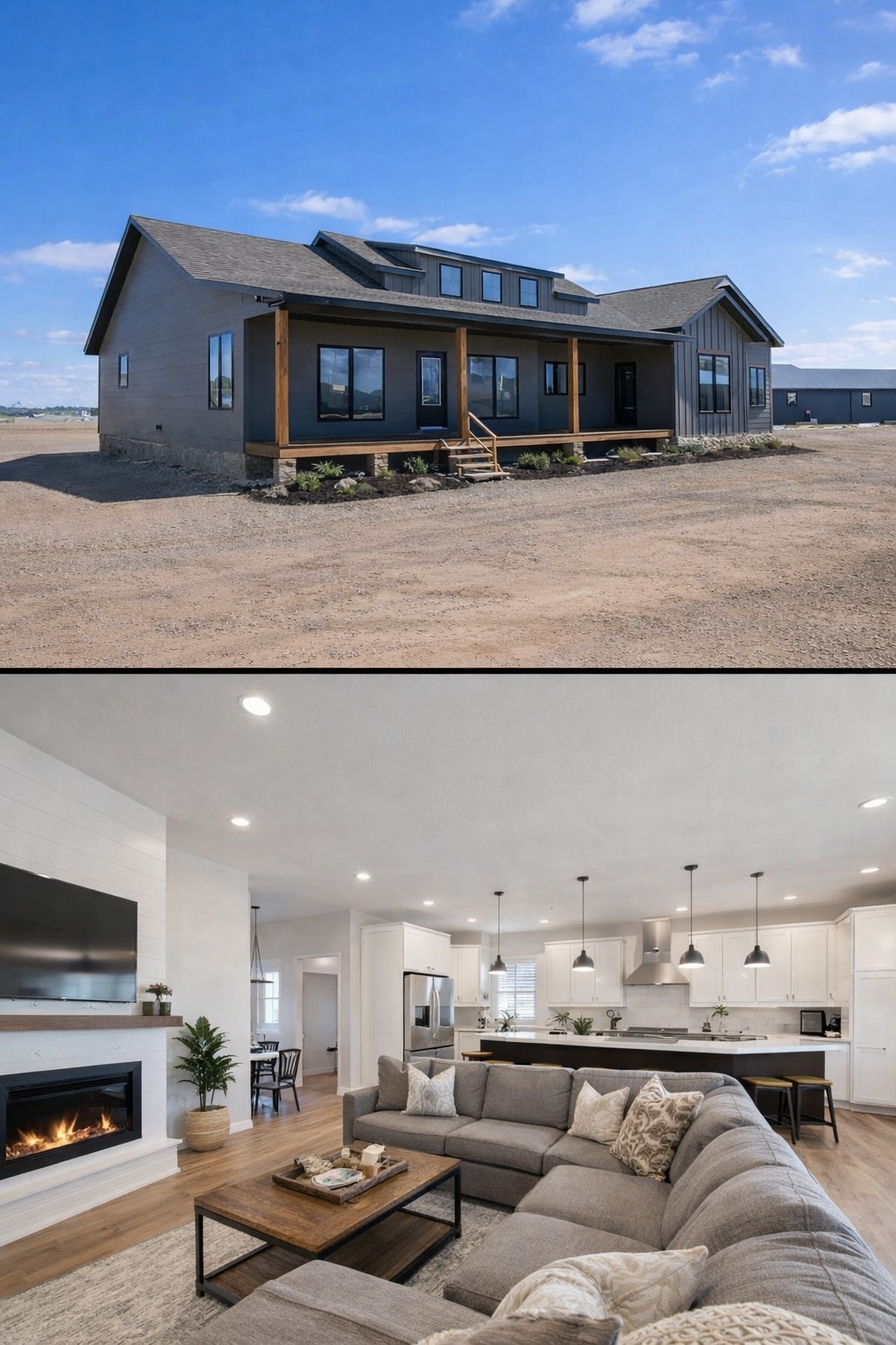 This extensive image gallery showcases various luxury housing models, including tiny homes, park models, and large manufactured residences that blend a modern farmhouse aesthetic with high-end functional design. The exteriors are characterized by high-contrast color schemes, featuring white or cream board-and-batten siding paired with dark charcoal gables, gabled front porches with black or white support pillars, and durable metal roofing. Inside, the living areas emphasize an upscale lifestyle with open-concept layouts, vaulted ceilings—some featuring natural wood planks, exposed beams, or tray designs with ceiling fans—complemented by wide-plank wood-look flooring and crisp shiplap or neutral-toned walls.

Gourmet kitchens are designed for high functionality, offering cabinetry in finishes ranging from light natural oak to elegant black or white, paired with marble-patterned or wood-block countertops, stainless steel farmhouse sinks, and large center islands with modern pendant lighting. Additional luxury elements include integrated booth seating, transom windows for maximum natural light, industrial-style accents, and spacious bedrooms with neutral carpeting. Contemporary bathrooms complete the homes with white vanities, black hardware, and choices of walk-in showers or large soaking tubs.