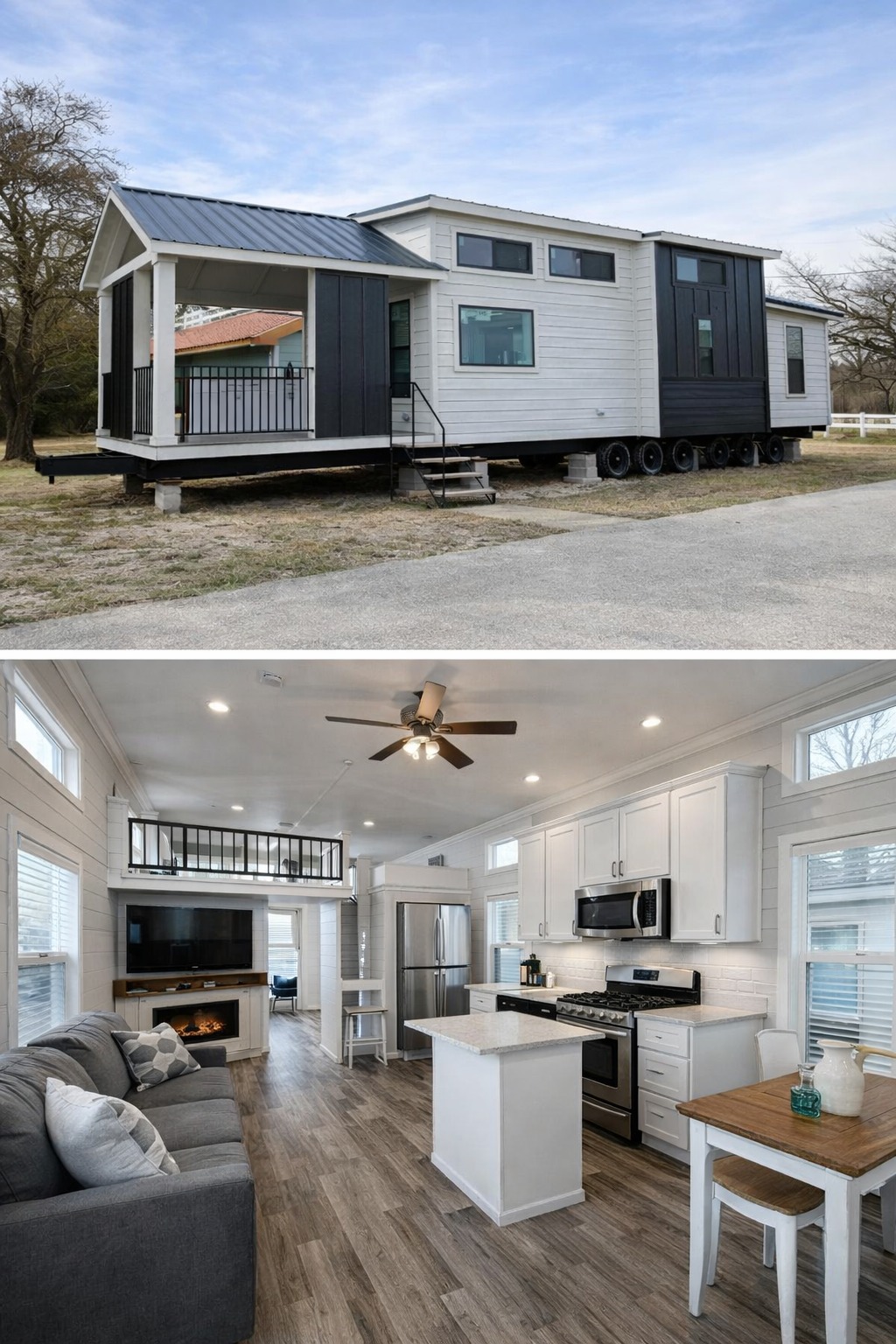 A modern tiny house with white and black exterior on wheels. Inside, a cozy open living area features a gray sofa, kitchen with stainless steel appliances, and wooden flooring.