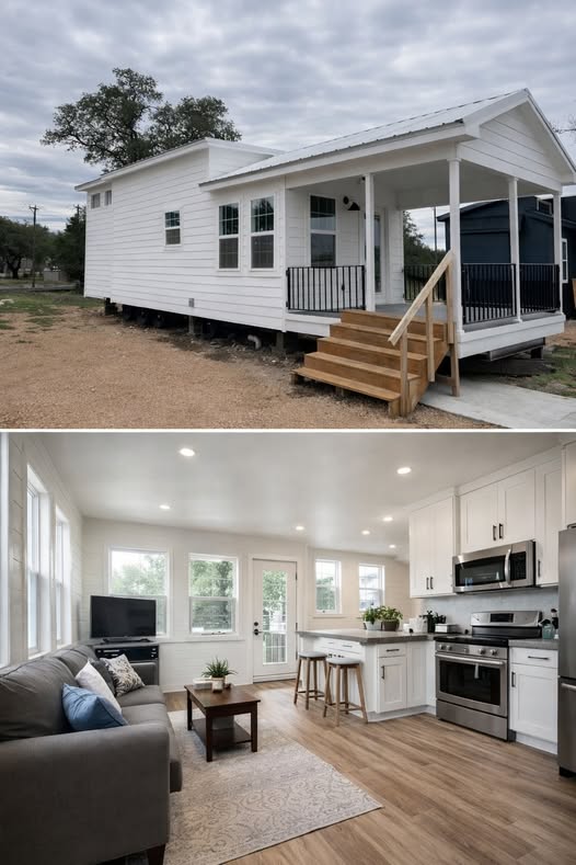 Cozy tiny house exterior with white siding and a small porch. Interior features a bright, modern open-plan living area and kitchen with wooden floors.