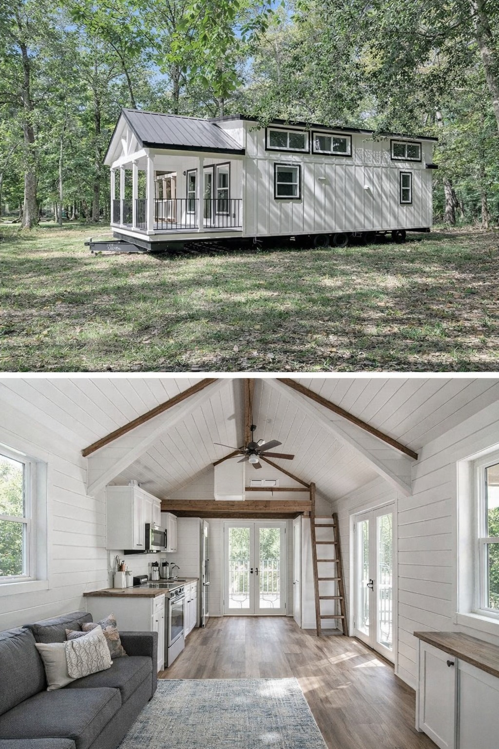 A modern tiny house sits in a shaded forest, featuring a porch and white exterior. Inside, it's bright with wooden floors, white walls, and vaulted ceilings.