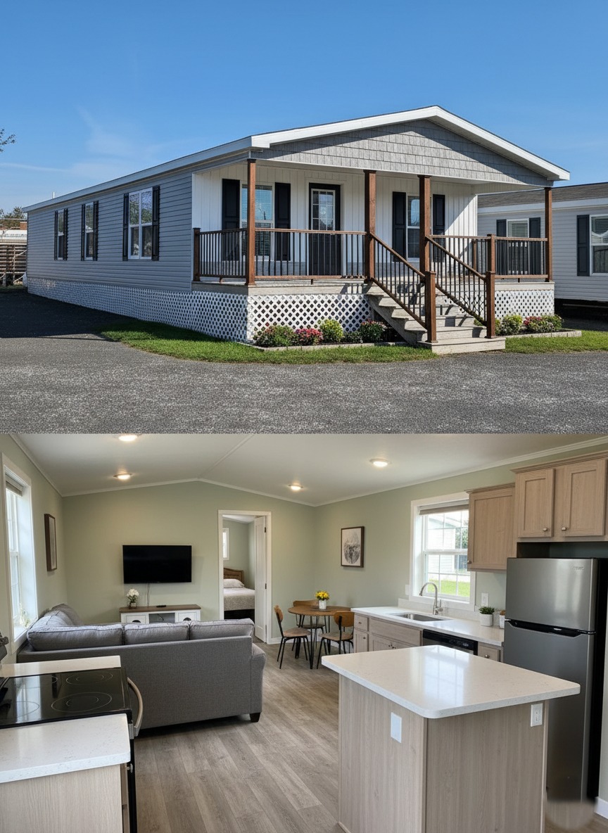 Modern mobile home with gray siding and white accents, featuring a small porch. Inside, a bright living area is open to a kitchen with light wood cabinets.