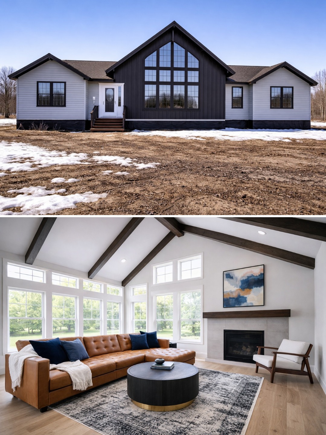 Exterior and interior view of a modern home. Outside shows a dark and white facade with large windows. Inside features a cozy living room with a brown sofa, fireplace, and a large window, conveying a warm and inviting atmosphere.