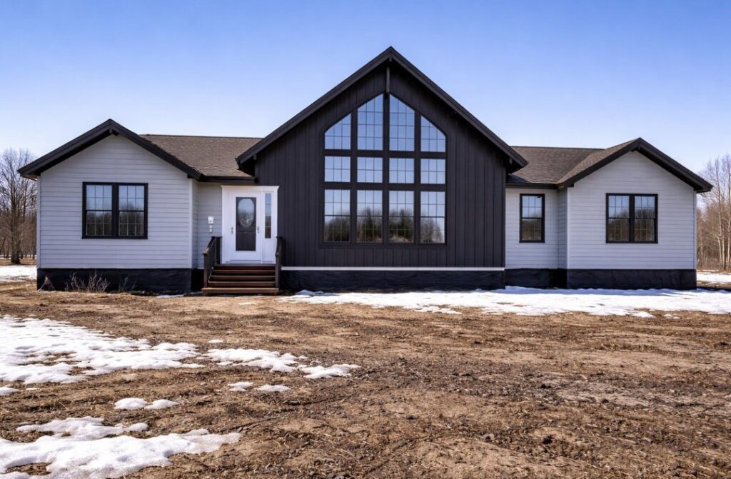 A modern house with a black and white facade stands in a snowy, barren landscape. Large central windows and a peaked roof define its striking architecture.