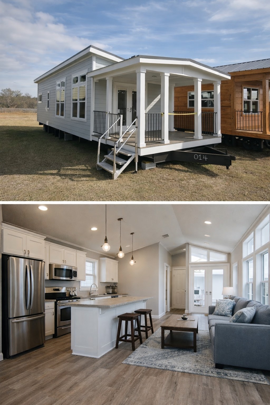 Modern tiny house with a white porch set in a grassy field. Interior features a cozy living room and a sleek kitchen with stainless steel appliances.