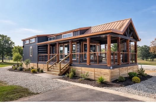 Comprehensive luxury housing showcase featuring the "The Boujee XL" 4-to-5 bedroom floor plan alongside modern tiny homes and park model designs. Exterior highlights include white board-and-batten farmhouse styles with grand pillared porches, as well as a striking dark charcoal model with a copper-tone metal roof and wrap-around wooden deck. Interior design is defined by massive open-concept living areas featuring integrated electric fireplaces, white shiplap walls, vaulted ceilings with dark wood beams, and a lofted sleeping area with black metal railings. Gourmet kitchens are equipped with oversized islands in charcoal or teal, marble-look waterfall countertops, and farmhouse-style cabinetry. Spa-inspired bathrooms boast walk-in tile showers with black matte trim, freestanding soaking tubs, and marble-look double vanities. This collection emphasizes premium manufactured living with high-end finishes like recessed lighting, rustic wood-look flooring, and versatile layouts perfect for a modern, "boujee" lifestyle.