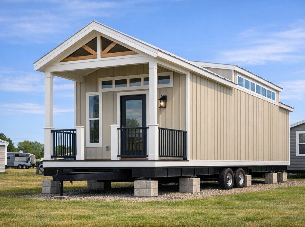 Charming modern farmhouse tiny home on wheels featuring neutral beige vertical shiplap siding, spacious covered front porch with white columns and black metal railings, gabled roof with decorative wooden braces, large transom windows and clerestory glass for abundant natural light, black front door with sidelights, elevated deck on dual-axle trailer chassis with concrete block supports, bright blue sky backdrop ideal for mobile tiny house living, off-grid adventures, affordable minimalist housing, or cozy vacation retreat.