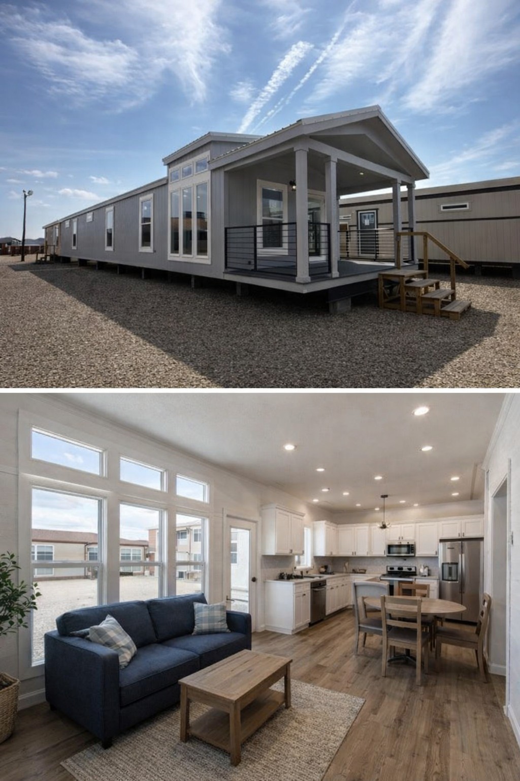 A modern tiny house with a porch sits under a blue sky, next to an interior view showing a cozy living room with a sofa, dining area, and kitchen.