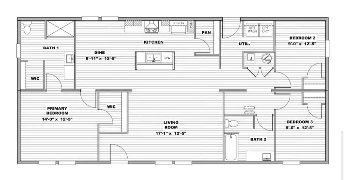 Floor plan of a house featuring three bedrooms, two bathrooms, a kitchen, dining area, living room, utility room, and two walk-in closets.