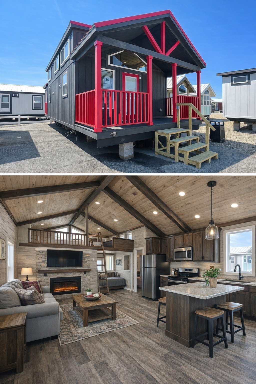 Red-trimmed tiny house with steps and porch, contrasted against blue sky. Cozy wood-interior with vaulted ceiling, kitchen, and living area. Warm and inviting.