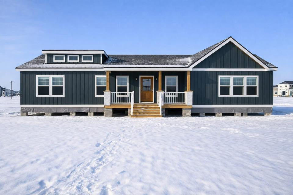 Modern navy blue farmhouse exterior in a snowy landscape, featuring an open-concept interior with a rustic oak kitchen, vaulted living room ceilings, sliding barn doors, and a luxurious master bath with granite vanities.