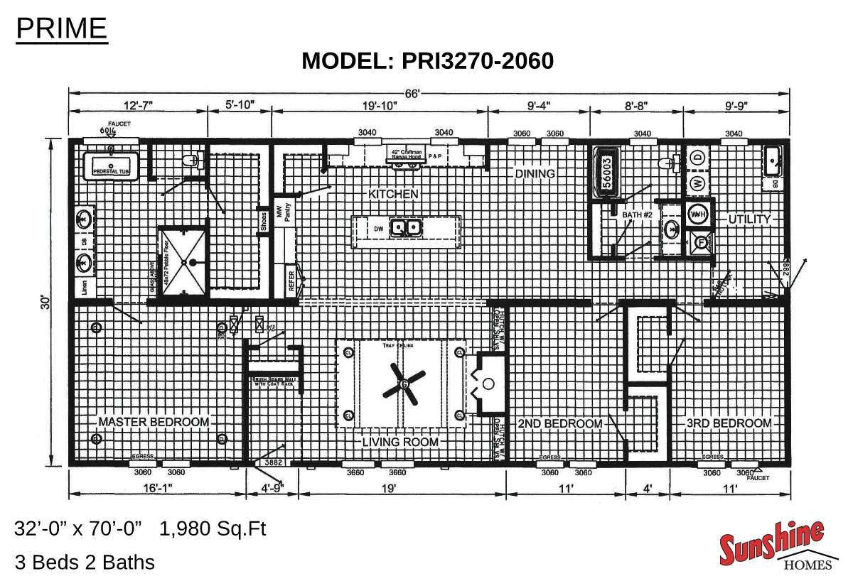 Floor plan labeled "Model: PRI3270-2060" with 1980 sq. ft., featuring 3 bedrooms, 2 bathrooms, kitchen, dining area, utility room, and living room.