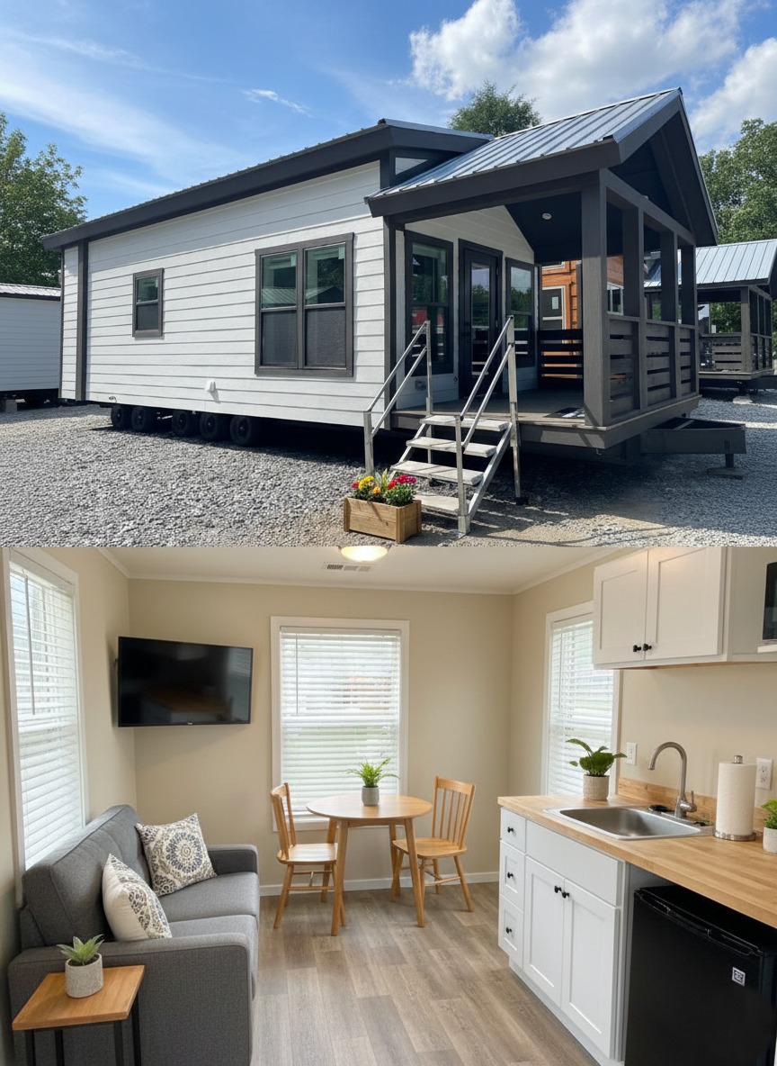 A modern tiny house with white siding and a dark-roofed porch on a sunny day. Inside, a cozy living area with a gray sofa, TV, round table, and compact kitchen with white cabinets.