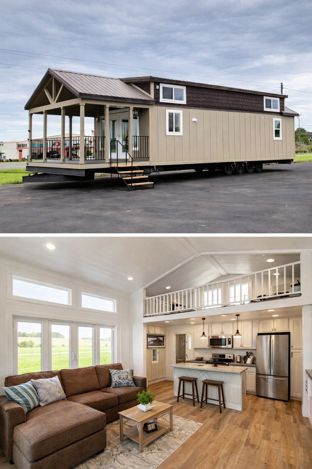  The exterior of the long home features beige vertical siding on the main level and dark brown shingle siding on the loft level. A large covered front porch with a gabled metal roof and black metal railings is at one end, with wooden steps leading up to it.The interior is bright and airy with white walls and light wood flooring. The living area has a brown L-shaped sectional sofa and a small wood coffee table. In the background, there is a modern white kitchen with stainless steel appliances, a white island with stools, and a sleeping loft with white railings overhead. Large windows and doors let in plenty of natural light.