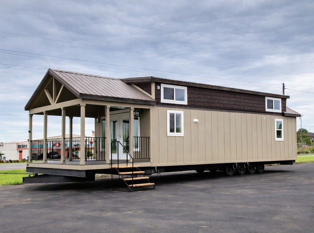 A long, beige and brown tiny home on wheels with a prominent covered front porch. The porch features a gabled metal roof, black metal railings, and white French doors for an entrance. The home has vertical beige siding on the main level and dark brown shingle siding on the upper loft section, accented by several white-framed windows. A set of wooden stairs with black handrails leads up to the porch, and the entire structure is parked on an asphalt lot under a cloudy sky.