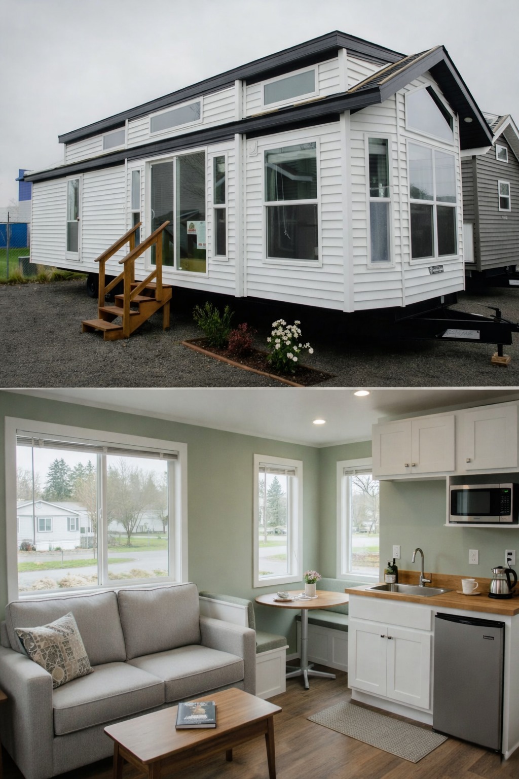 Exterior view of a modern tiny house with white siding and large windows, followed by a cozy interior featuring a couch, small table, and compact kitchen.