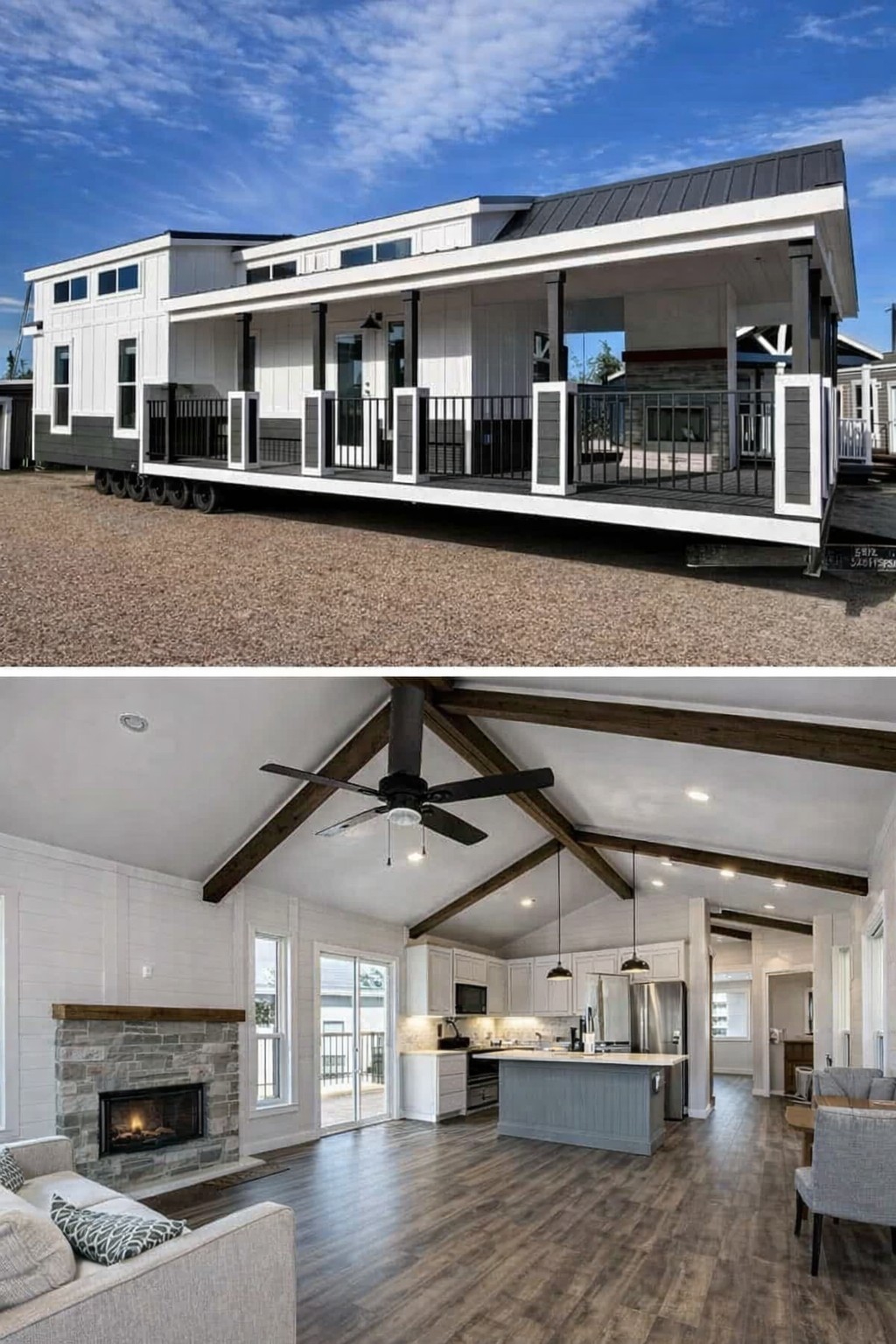 Modern tiny home exterior with a black and white color scheme and a spacious front porch. Interior showcases a cozy living area with a stone fireplace, open kitchen, and exposed beam ceiling, conveying a warm, inviting atmosphere.