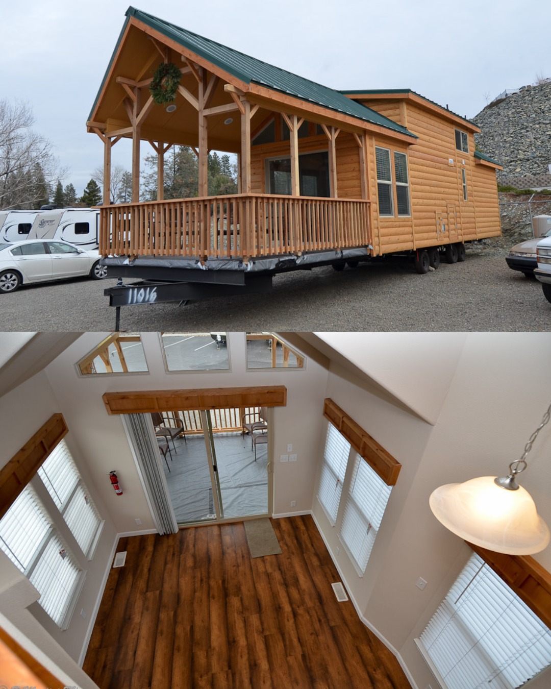 ALT TEXT
Luxury residential showcase featuring a diverse collection of modern manufactured homes, tiny homes, and park models, including the expansive "The Boujee XL" aesthetic. Exterior architectural styles highlight sage green board-and-batten tiny homes with gabled porches and black metal railings, alongside rustic log-cabin style park models featuring warm wood siding, green metal roofing, and spacious elevated front decks. Traditional manufactured home designs are also featured, showcasing tan vinyl siding with decorative burgundy shutters and expansive pillared porches. Interiors emphasize a "modern boujee" lifestyle with high-fidelity finishes such as vaulted natural wood-plank ceilings, pine-paneled walls, and integrated lofted sleeping quarters. Gourmet kitchen designs range from rustic wood cabinetry with stone-look countertops and white appliances to modern minimalist spaces with deep navy blue cabinetry and tile backsplashes. Functional luxury elements are featured throughout, including open-concept living areas with dark wood-look flooring, industrial-style black ceiling fans, minimalist master bedrooms with neutral plush carpeting, and bright living spaces with large windows and sliding glass doors.