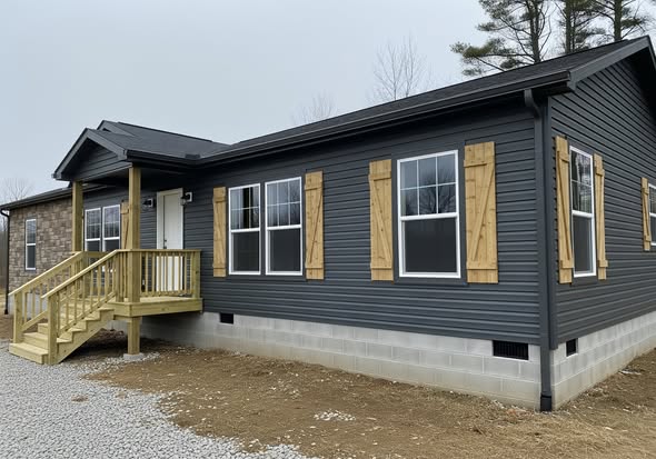 A modern mobile home with dark gray siding, light wooden shutters, and a small wooden porch. The tone is simple and welcoming, set in a quiet area.