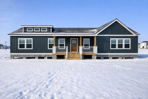A blue-gray modular home sits on a snowy landscape under a clear blue sky. The house has white trim, a central porch, and a welcoming, serene ambiance.