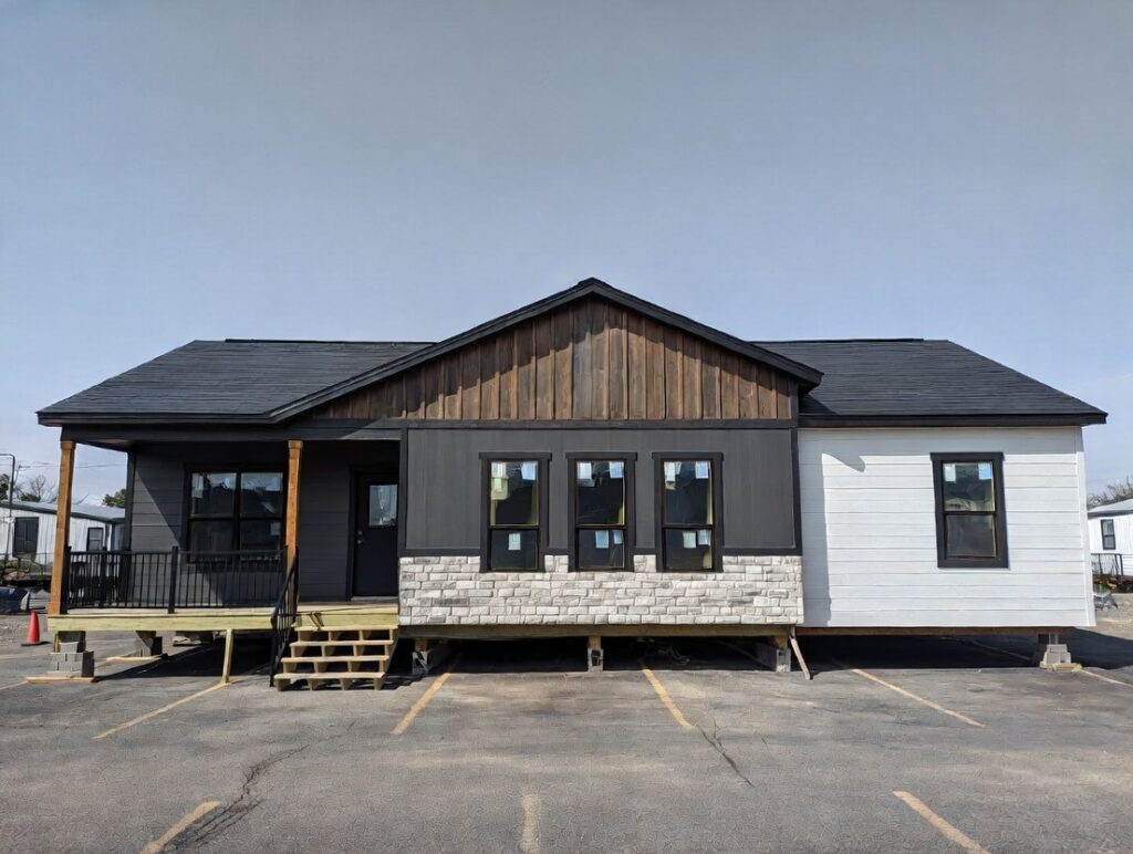 "Single-story modern house with a combination of dark and white siding, stone accent beneath three front windows, wooden porch with steps, and black roof under a clear sky."