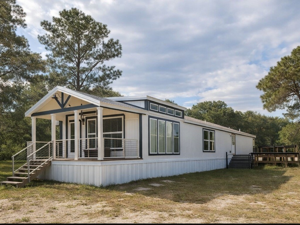 A modern white mobile home with large windows, a small front porch, and steps, set in a peaceful wooded area under a cloudy sky.