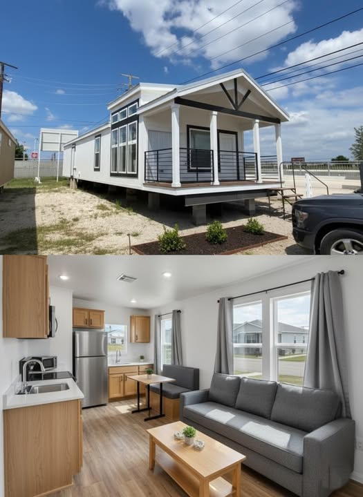 Luxury manufactured home tour featuring the expansive "The Boujee XL" 4-to-5 bedroom floor plan, showcasing a blend of modern farmhouse and industrial chic aesthetics. Exterior designs include a sleek white double-wide with charcoal accents and a light grey board-and-batten park model featuring a grand pillared front porch. Interior highlights feature massive open-concept living areas with integrated electric fireplaces, grey shiplap accent walls, and rustic wood ceiling beams. Gourmet kitchens are equipped with oversized charcoal or white islands featuring "X" brace detailing, marble-look countertops, and premium stainless steel appliances. Spa-inspired primary bathrooms boast walk-in tile showers with black matte trim, freestanding soaking tubs, and double vanities with LED-mirrored lighting. Additional features include a primary suite with a bold black accent wall and cowhide rug, a custom laundry utility room, and a versatile layout perfect for large families.