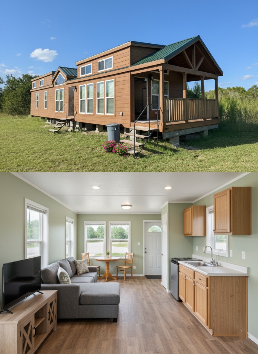 A tiny house with a green roof sits in a grassy field under a blue sky. Inside, a cozy living area features a sofa, TV, and compact kitchen.
