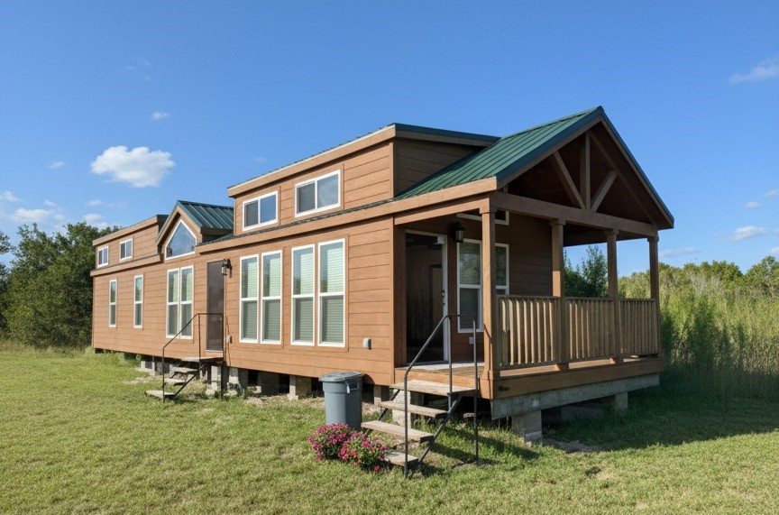A quaint brown tiny house with a green roof sits on a grassy field. It features a porch, several windows, and evokes a sense of tranquility and simplicity.