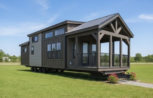 Elegant two-story dark charcoal gray tiny home on wheels showcasing modern farmhouse design with spacious wraparound screened porch featuring sturdy wooden posts and black metal railings, gabled metal roof with decorative braces, large grid windows and clerestory glass for maximum natural light, dual-tone board and batten siding in deep gray tones, elevated deck on heavy-duty trailer chassis with concrete block foundation, vibrant flower beds at entry, bright blue sky and green lawn setting ideal for luxury mobile tiny house living, off-grid adventures, sustainable modular housing, or premium vacation cabin retreat.