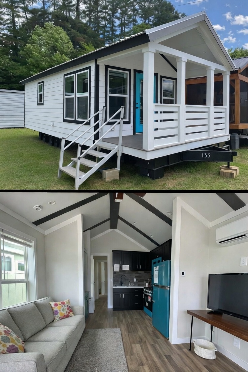 ALT TEXT
This extensive image gallery features the premium "Boujee XL" series of tiny homes, park models, and manufactured homes, showcasing a refined modern farmhouse aesthetic through high-end exterior and interior finishes. The exteriors highlight a mix of crisp white and cream board-and-batten siding accented by charcoal gables, spacious gabled front porches with black or white pillars, and sleek metal roofing in white or dark grey. The interiors emphasize sophisticated, open-concept living with vaulted ceilings, exposed wood-look beams, and large transom windows that provide abundant natural light to spaces finished with wide-plank wood-look flooring and crisp shiplap walls. Gourmet kitchens are equipped with stainless steel or vibrant teal appliances, farmhouse sinks, and cabinetry ranging from light oak to elegant black, often featuring built-in breakfast nooks or large islands with distressed wood-look countertops. Functional luxury is further integrated through features such as lofted sleeping areas with black metal railings and wooden ladders, industrial-style ceiling fans, carpeted bedrooms with transom windows, and modern bathrooms with marble-patterned walk-in tile showers.