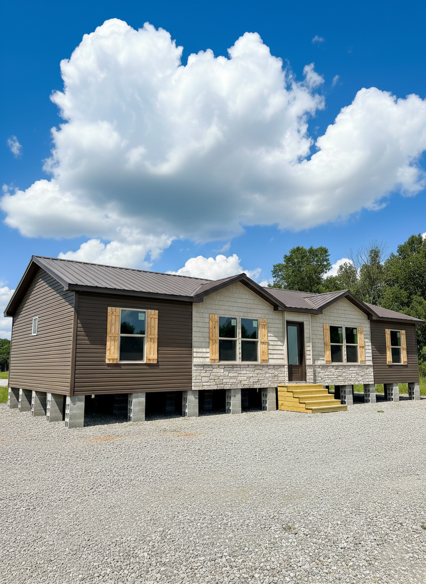 Single-story, brown and beige house on concrete blocks, set on gravel with wooden steps. Trees and a bright blue sky with clouds in the background.