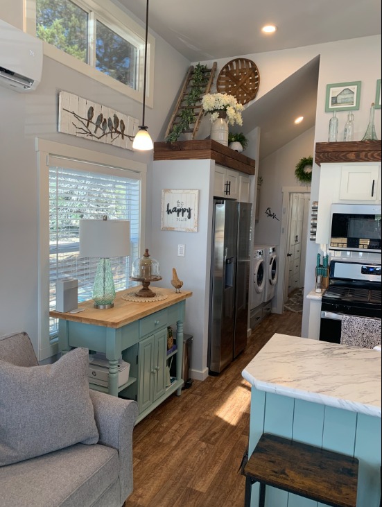 Compact modern kitchen with a grey sofa, teal console table, stainless steel appliances, and glass lamp. Decor includes bird art and plants, creating a cozy and inviting atmosphere.