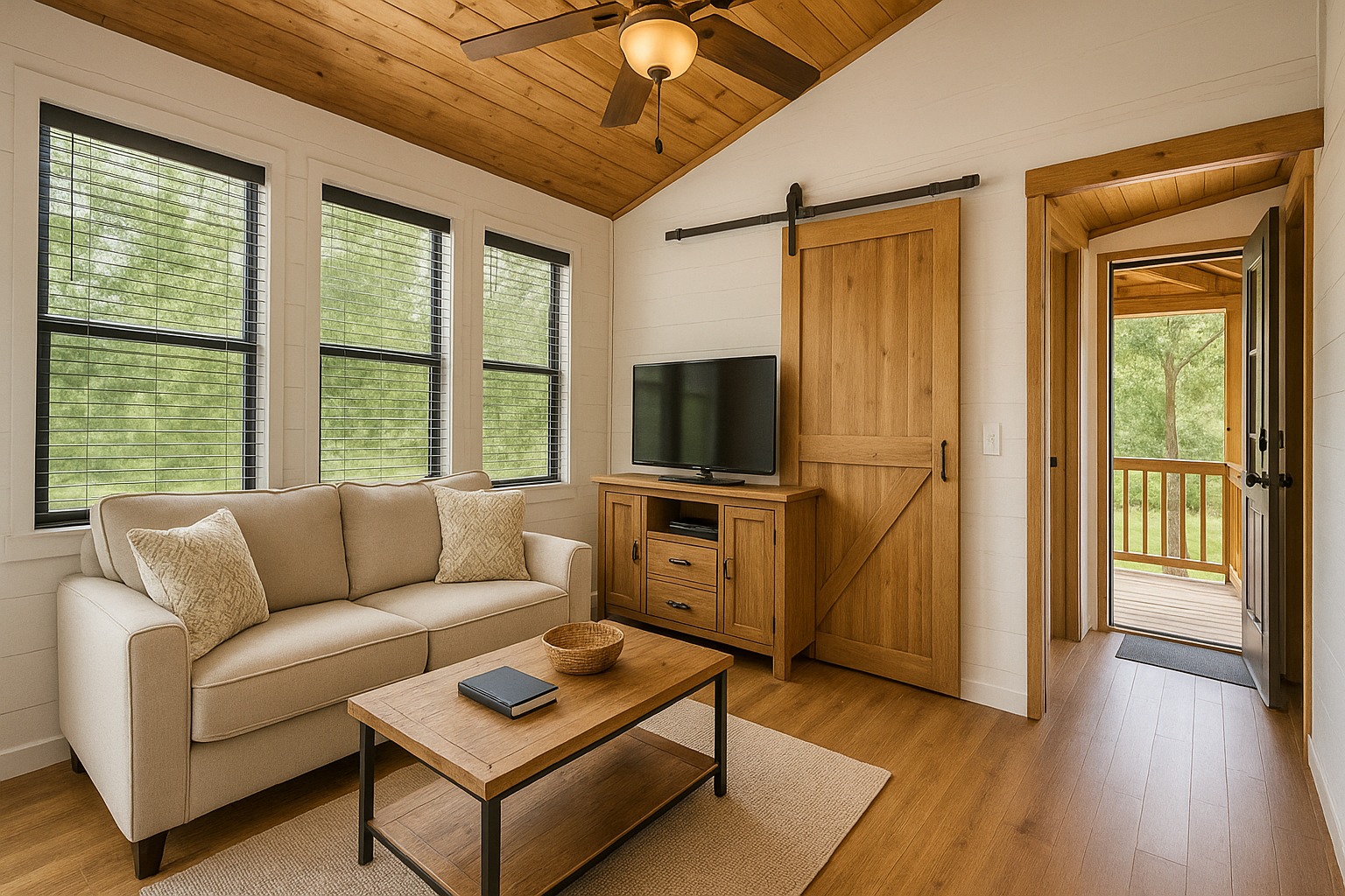 Modern luxury tiny home interior featuring a compact living room with a beige loveseat, a natural wood coffee table, and a matching media console, highlighted by a sliding barn door and vaulted wood-plank ceilings with a classic ceiling fan, all designed with a high-end rustic aesthetic and large windows for a sophisticated move-in ready turn-key residential design.