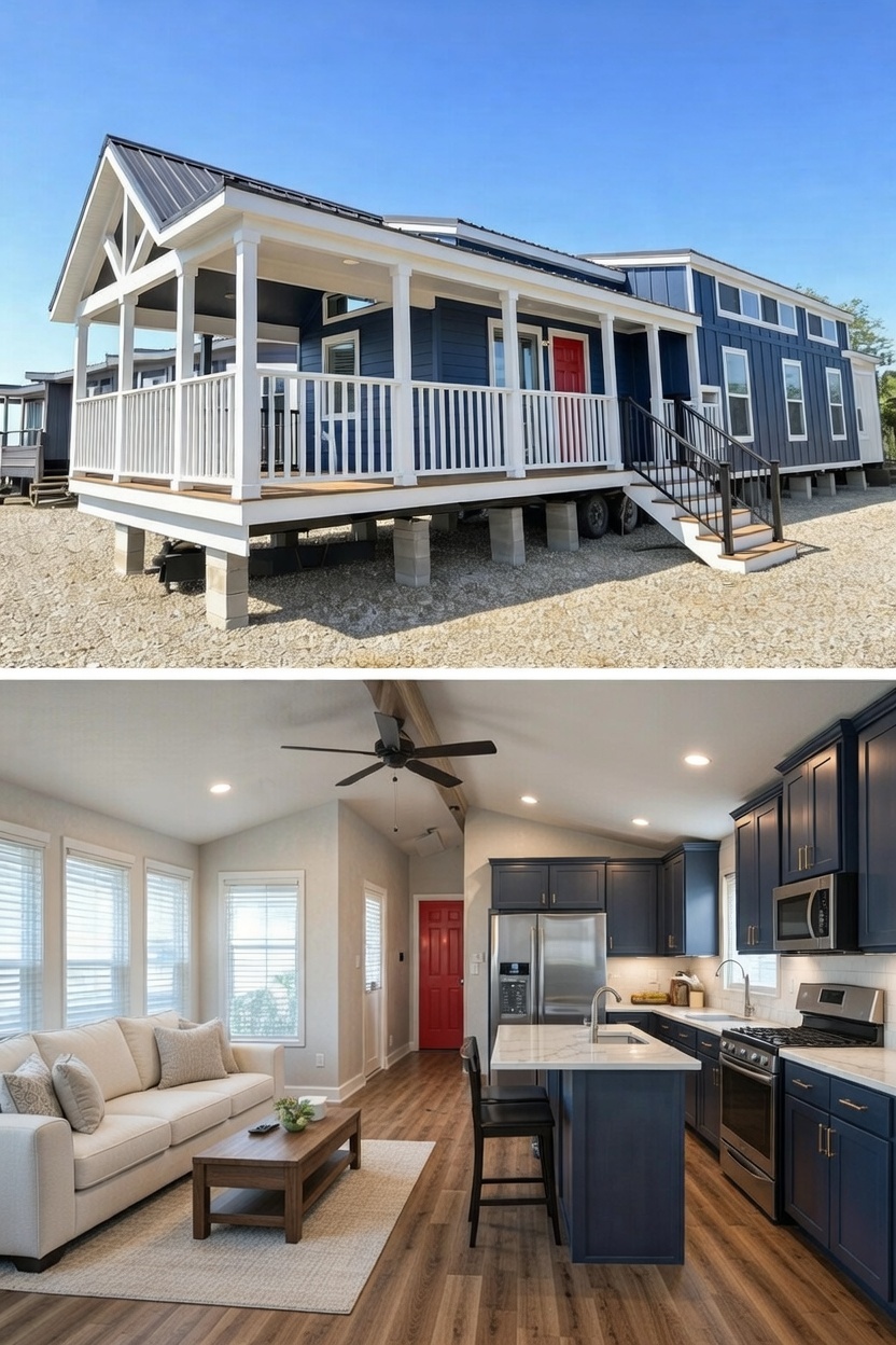 Exterior of a modern blue tiny house with a porch and red door. The interior features a cozy living room and a kitchen with dark cabinets and stainless steel appliances.