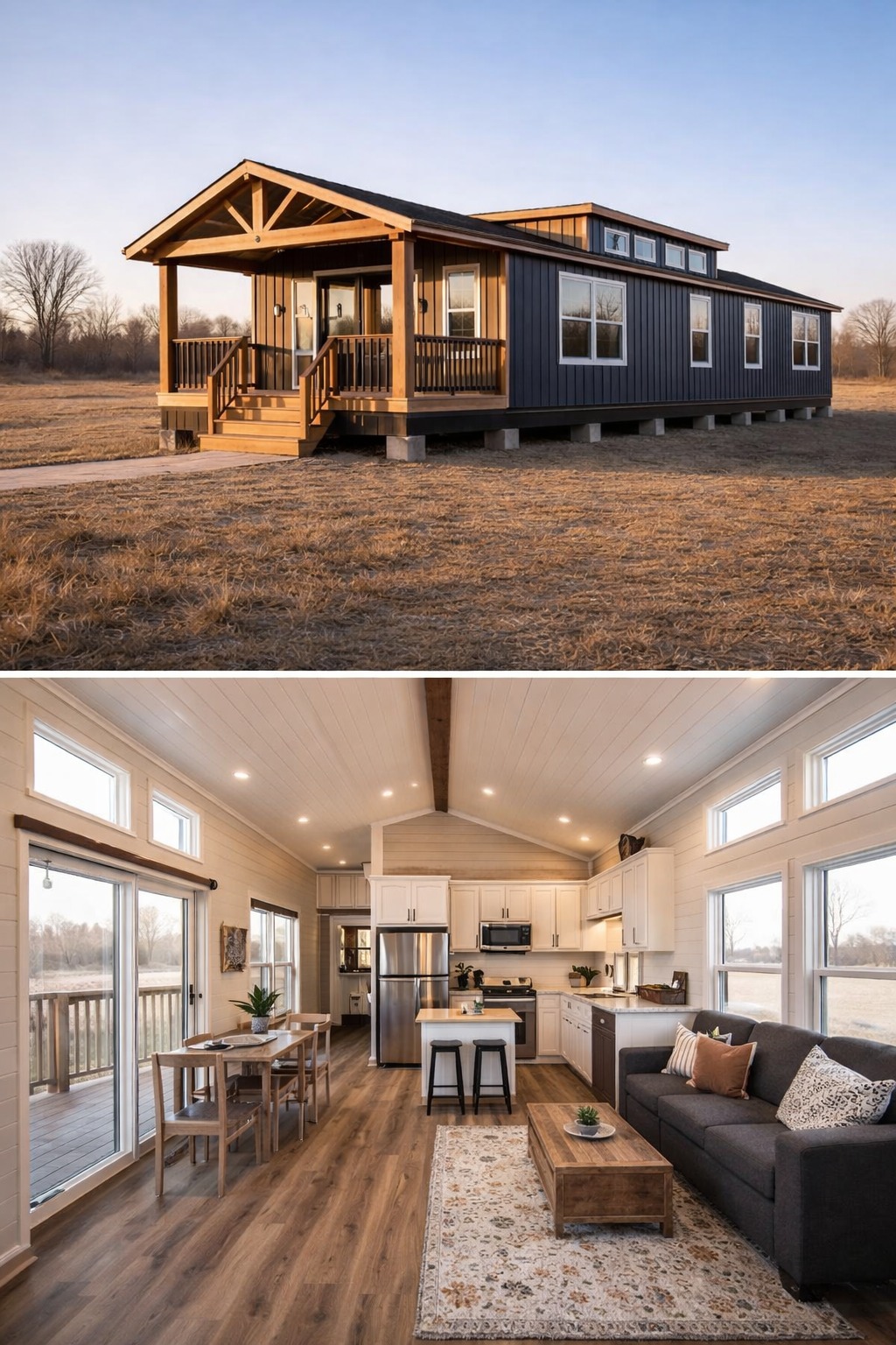 SEO-optimized alt text for a luxury park model tiny house featuring a navy blue board-and-batten exterior, a large gabled front porch with natural wood pillars and exposed timber beams, and a sleek black metal roof; the accompanying interior view showcases an open-concept living space with vaulted white shiplap ceilings, a modern kitchen with white cabinetry and stainless steel appliances, and a bright dining area with large windows, perfectly suited for high-ranking searches related to luxury mobile living, sophisticated vacation cottages, and innovative small-space architectural design.