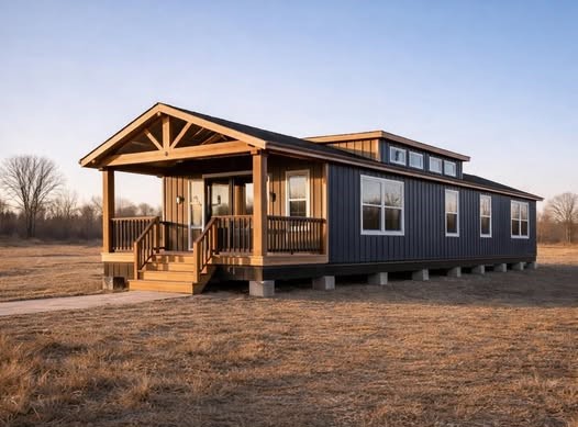 SEO-optimized alt text for a luxury park model tiny home featuring a dark navy blue board-and-batten exterior, a large gabled front porch with natural wood railings and exposed timber beams, and a sleek black metal roof; this premium manufactured home highlights contemporary architectural design with expansive energy-efficient windows and a modern raised foundation, perfectly suited for high-ranking searches involving luxury mobile living, sophisticated vacation cottages, and stylish off-grid modular home designs.