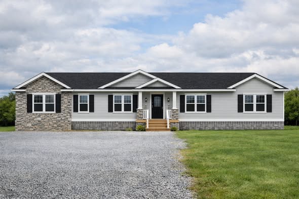 Luxury modern farmhouse ranch-style home exterior featuring classic gray board and batten siding, elegant stone accent base and front porch columns, black asphalt shingle roof with decorative gable peaks, black shutters framing large double-hung windows, sophisticated black front door with sidelights and coach lanterns, wide covered entry porch with stone steps and planters, spacious gravel driveway leading to manicured green lawn, timeless countryside curb appeal perfect for family ranch house, modular prefab home, or custom-built single-story residence in rural or suburban setting