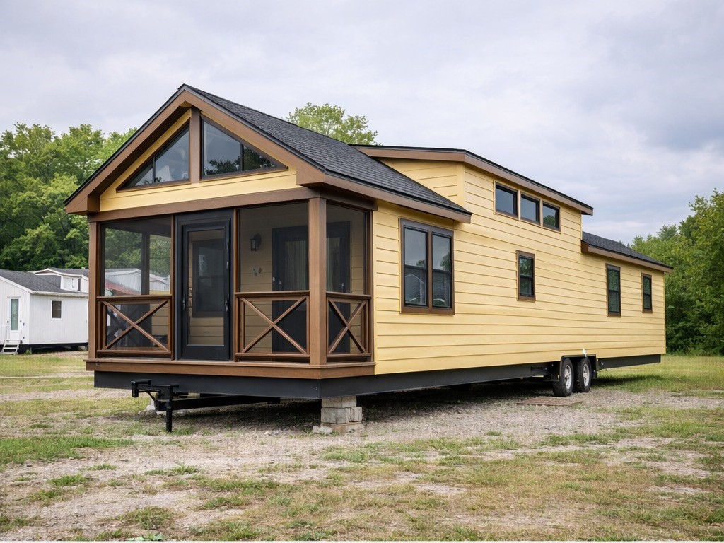 Charming two-story butter yellow tiny home on wheels with modern farmhouse style featuring expansive screened wraparound porch with dark brown timber framing and X-brace railings, gabled metal roof with decorative brackets, large grid windows and transom glass for maximum natural light, vertical board and batten siding in warm yellow tones with dark brown accents, black French doors, elevated deck on dual-axle trailer chassis with concrete block foundation, lush green wooded backdrop ideal for luxurious mobile tiny house living, off-grid adventures, sustainable modular housing, or cozy vacation cabin retreat.