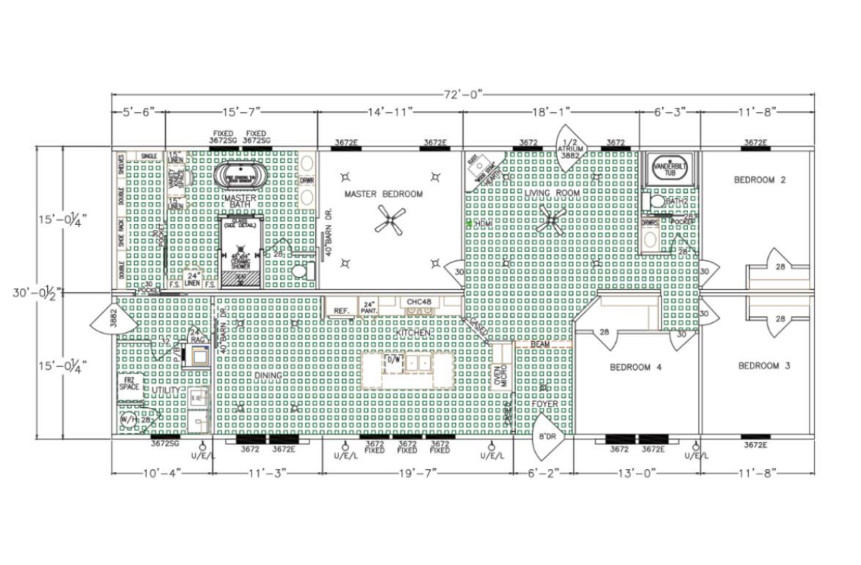 SEO-optimized alt text for a high-ranking luxury custom modular home floor plan featuring a detailed $30' \times 72'$ residential layout with a 4-bedroom and 2-bathroom configuration; the technical architectural drawing showcases a professional open-concept design including a spacious kitchen with a central island, a dedicated dining area with a sliding barn door, a large master suite with a private en-suite bathroom and walk-in closet, and a separate utility room, perfectly highlighting premium prefab home construction plans, modern manufactured home blue prints, and upscale residential mobile living architectural details for maximum search engine visibility and ranking. Would you like me to help you with alt text for any other specific room or feature from these floor plans?