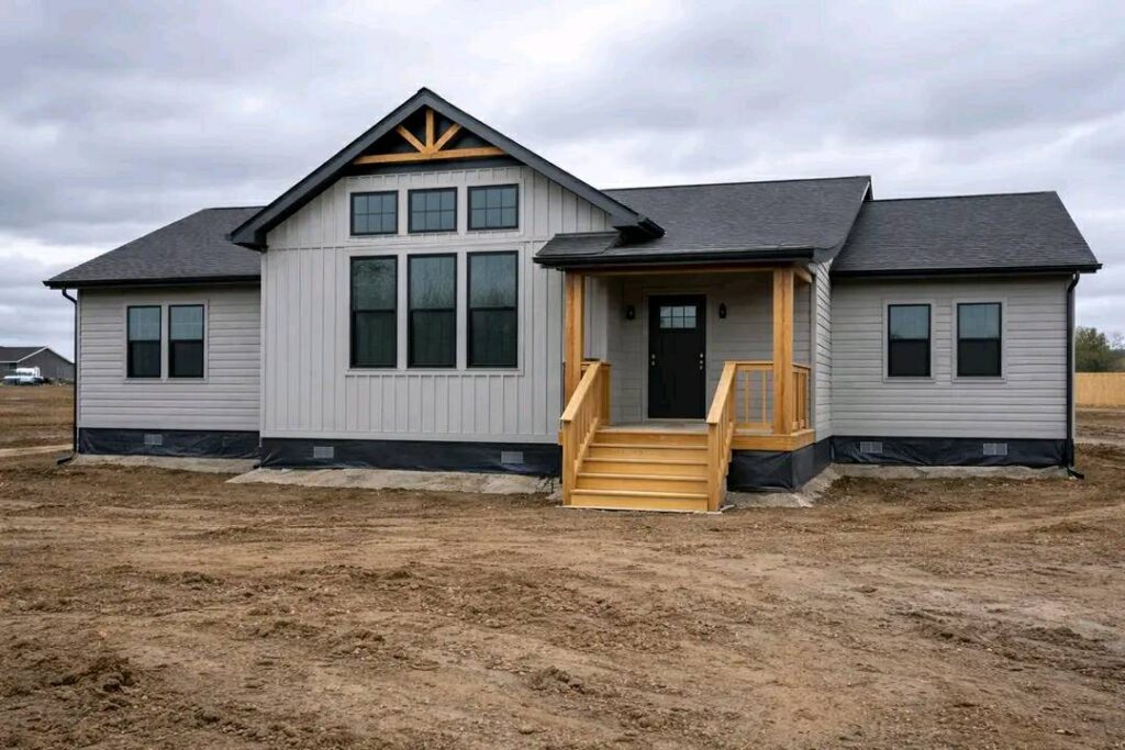 Modern grey farmhouse-style modular home featuring a mix of vertical board and batten and horizontal siding, accented by a prominent gabled entryway with natural wood pillars and a decorative timber truss. The architectural design includes large black-trimmed windows, a dark shingle roof, and a welcoming wooden porch with matching stairs, all situated on a graded construction site to showcase a high-end contemporary prefab home exterior with excellent curb appeal.