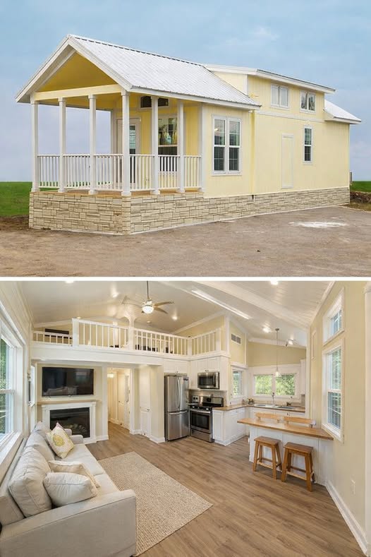 A charming yellow tiny house with a porch and white railing is shown. Inside, it features a cozy living area, modern kitchen, loft space, and wooden floors.