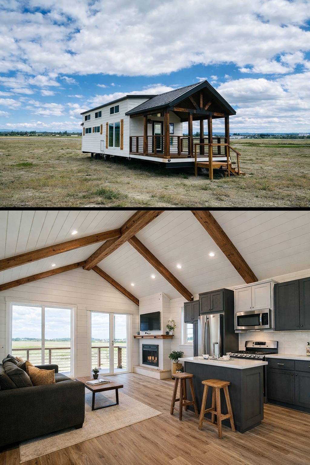 Modern luxury tiny house on wheels featuring a white horizontal siding exterior with dark trim and a large covered front porch with rustic wood pillars and black metal railings, designed as a professional park model cottage by Recreational Resort Cottages. This SEO-optimized tiny home showcases a gabled metal roof, multiple clerestory windows for natural light, and a portable foundation, while the interior view highlights a bright, open-concept living space with vaulted shiplap ceilings, rustic wood beams, a contemporary kitchen with a dark grey island and stainless steel appliances, and a cozy fireplace area, making it an ideal choice for high-end mobile living, vacation rentals, or minimalist lifestyle searches.