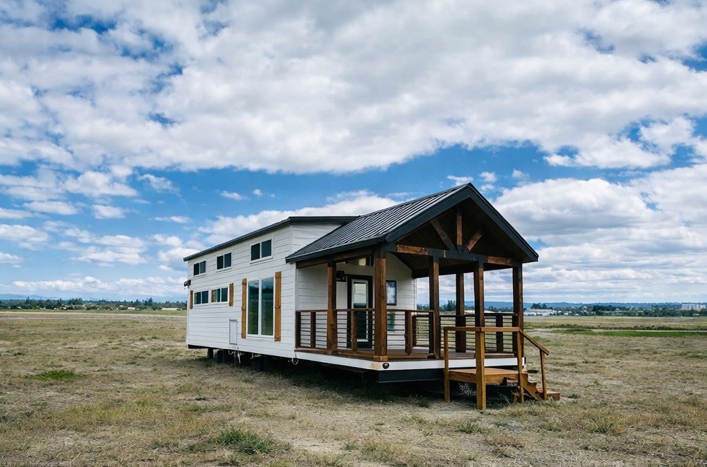 Modern luxury tiny house on wheels featuring a white horizontal siding exterior with dark trim and a large covered front porch with rustic wood pillars and black metal railings, designed as a professional park model cottage by Recreational Resort Cottages. This SEO-optimized tiny home showcases a gabled metal roof, multiple clerestory windows for natural light, and a portable foundation, making it an ideal choice for high-end mobile living, vacation rentals, or minimalist lifestyle searches.