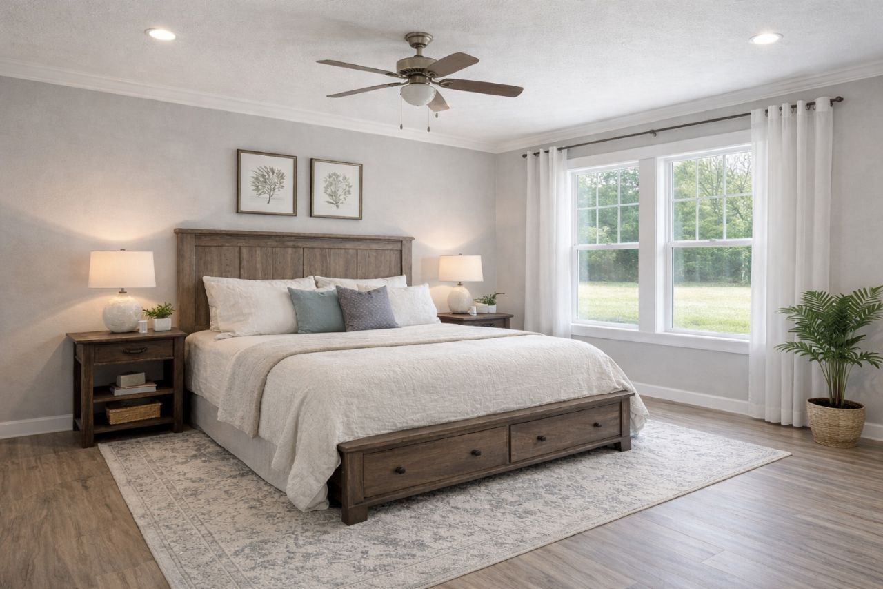 Modern primary bedroom interior featuring a rustic wooden king-size bed frame with integrated storage drawers, neutral bedding, and matching nightstands with white ceramic lamps, set against light grey walls with botanical wall art, a large window with airy white curtains overlooking a green landscape, and light oak hardwood flooring with a vintage-style area rug for a cozy and sophisticated master suite design.