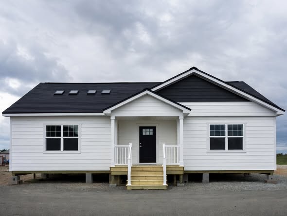 SEO-optimized alt text for a high-ranking modern manufactured home exterior featuring a professional architectural design with a crisp white horizontal lap siding and a bold black gabled roofline; the symmetrical view showcases a welcoming covered front porch with white railings and natural wood steps leading to a classic black craftsman-style front entrance door, complemented by energy-efficient white-trimmed windows and built-in roof skylights to highlight premium single-wide mobile home floor plans, upscale farmhouse-inspired curb appeal, and high-end residential prefab home construction for maximum search engine visibility and ranking.